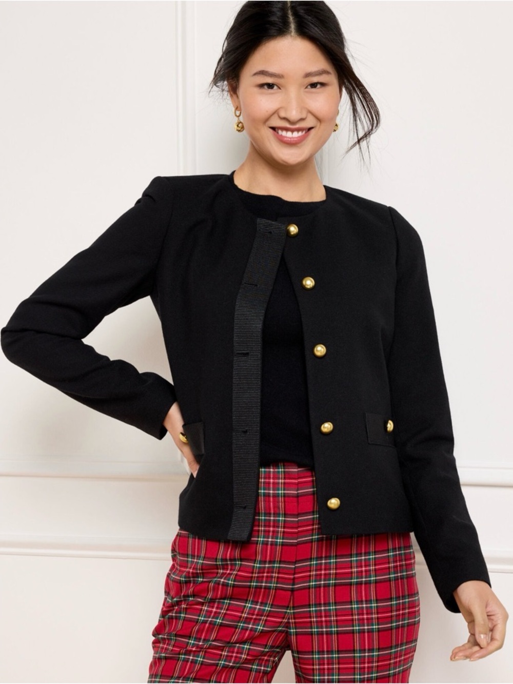 Talbots‎ Wool Blend Cropped Jacket Gold Button Lined Black Women 14 Classic